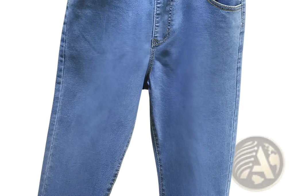 High waisted stretch light blue denim jeans in mid-wash with classic straight-leg cut and visible stitching details
