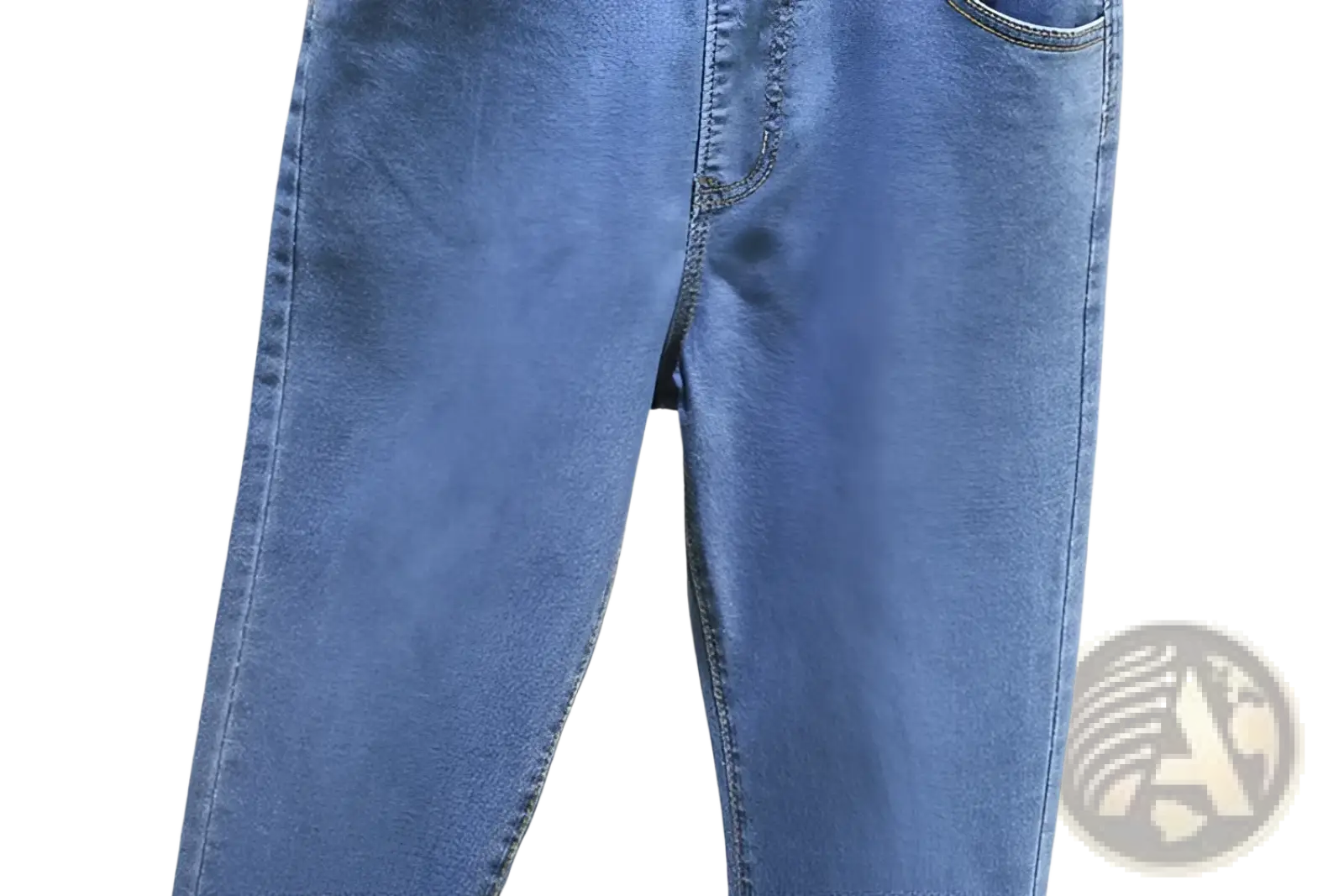 High waisted stretch light blue denim jeans in mid-wash with classic straight-leg cut and visible stitching details