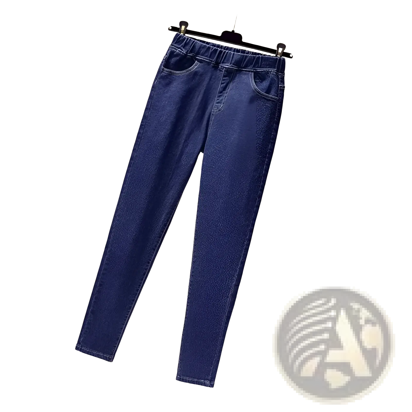 Dark blue denim jeans with elastic waistband and classic front pockets designed for high waisted stretch fit