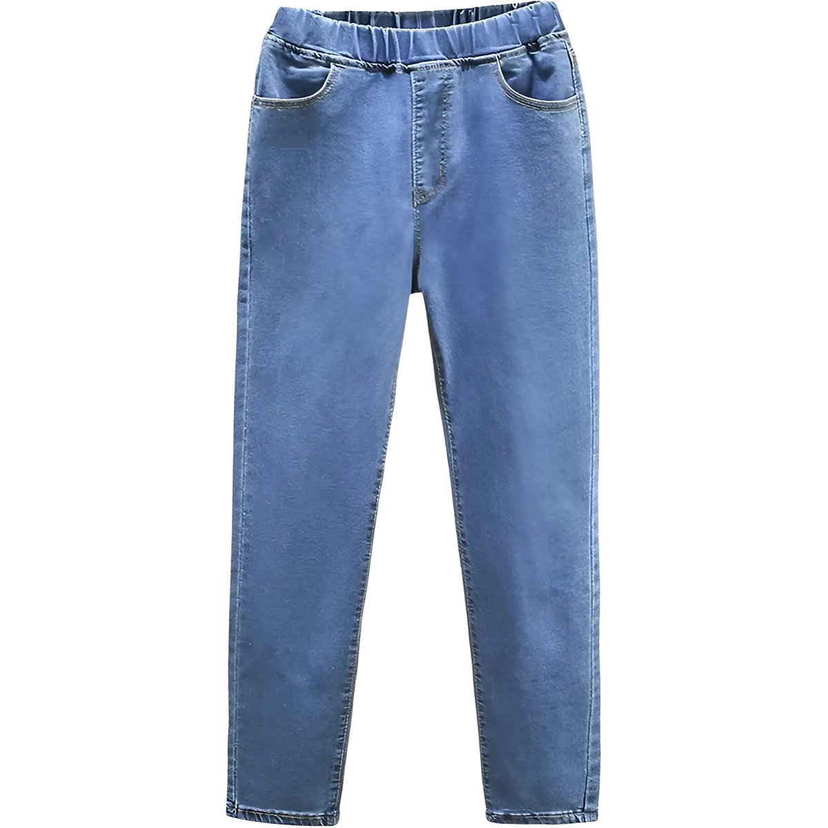 High waisted stretch light blue denim jeans with elastic waistband and classic straight-leg cut in light wash denim