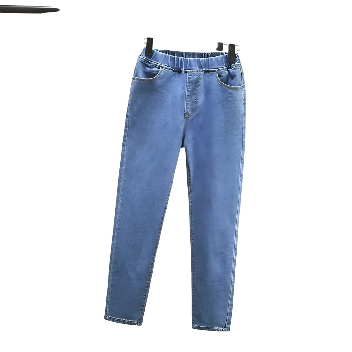 High waisted stretch light blue denim jeans featuring light-wash blue denim with elastic waistband and classic front pockets