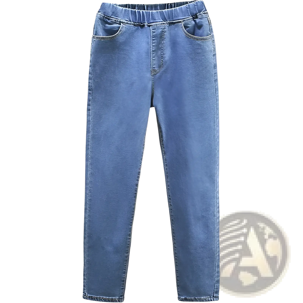 High waisted stretch light blue denim jeans with elastic waistband and classic straight-leg cut in light wash denim