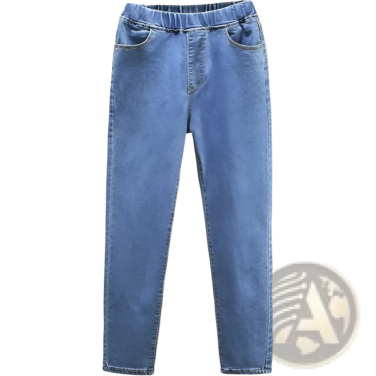 High waisted stretch light blue denim jeans with elastic waistband and classic straight-leg cut in light wash denim