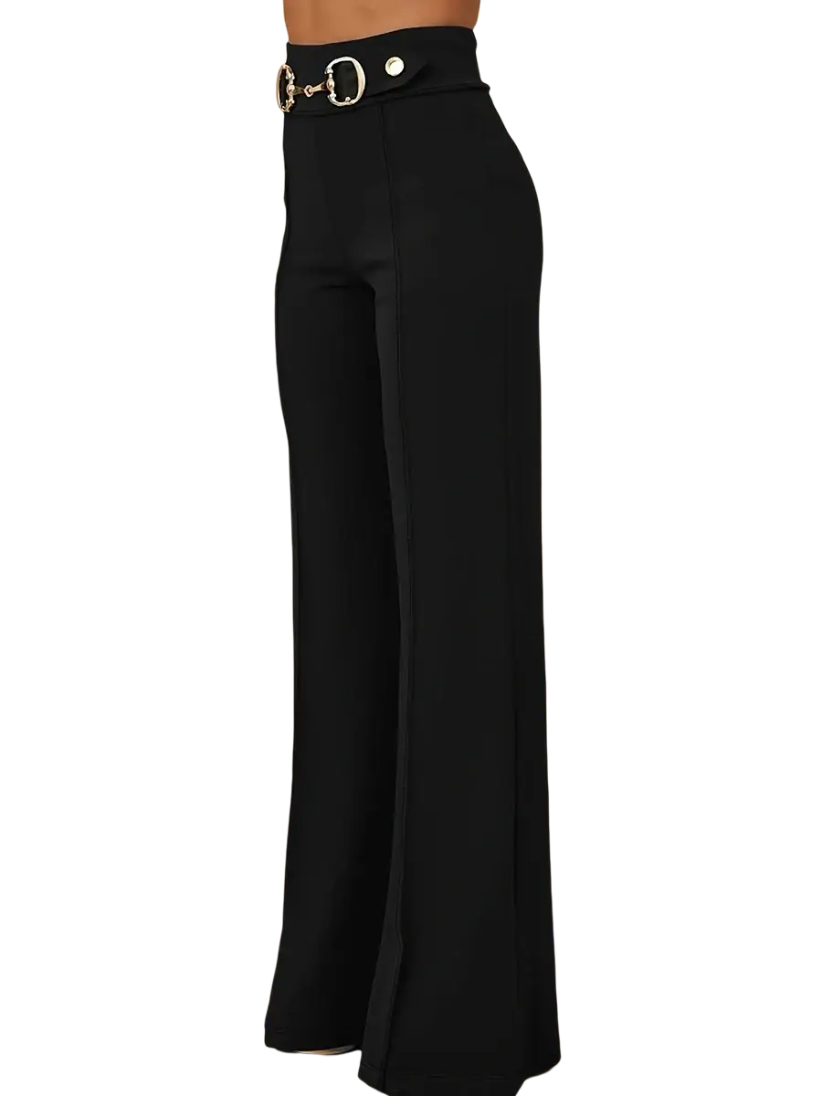 High-waisted wide-leg black office trousers with a metallic horsebit belt buckle for a polished look