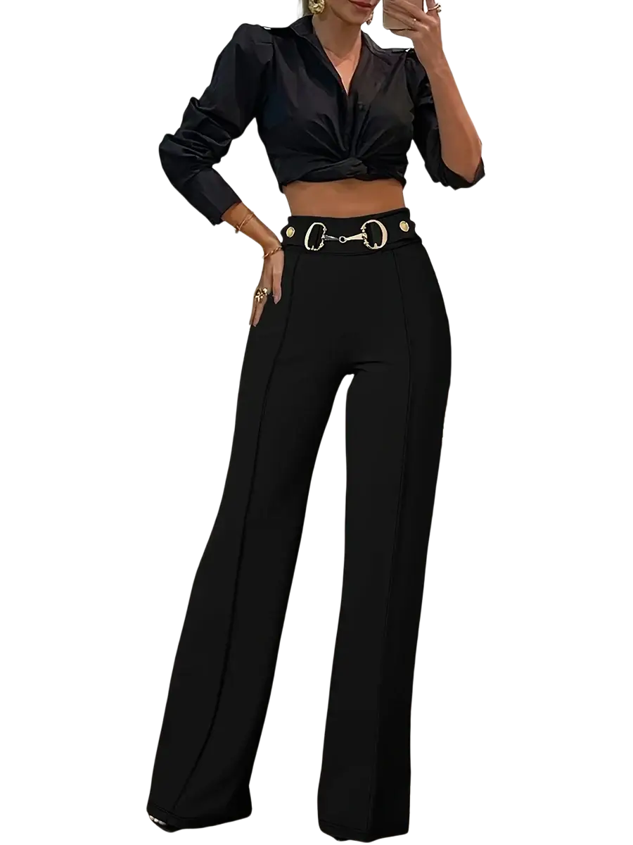 High-waisted wide-leg black office trousers with a gold-toned horsebit belt buckle for a polished look