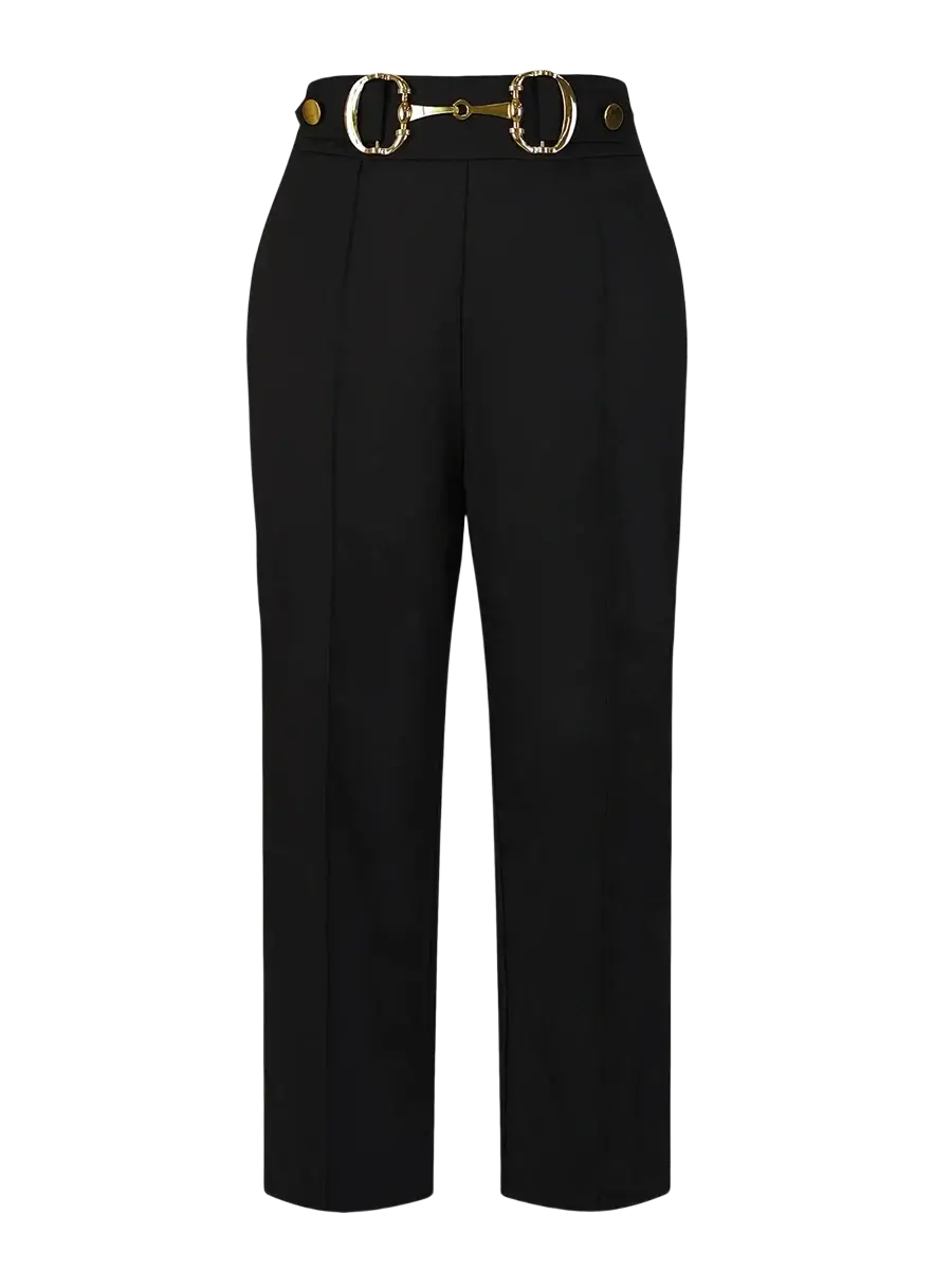High-waisted wide-leg black office trousers with gold-tone horsebit belt buckle detail
