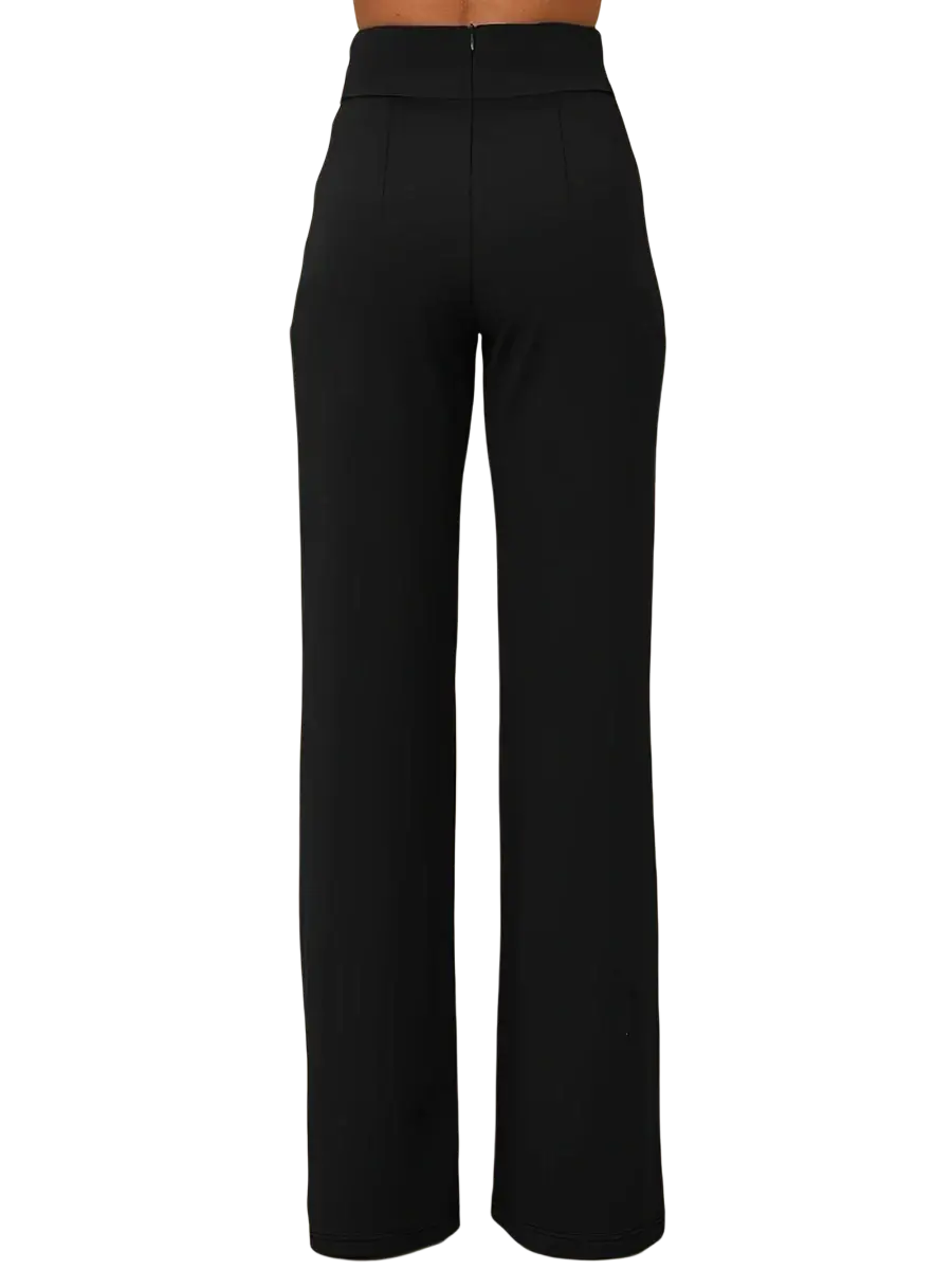High waisted wide leg black office trousers with a sleek tailored fit in a smooth fabric suitable for workwear