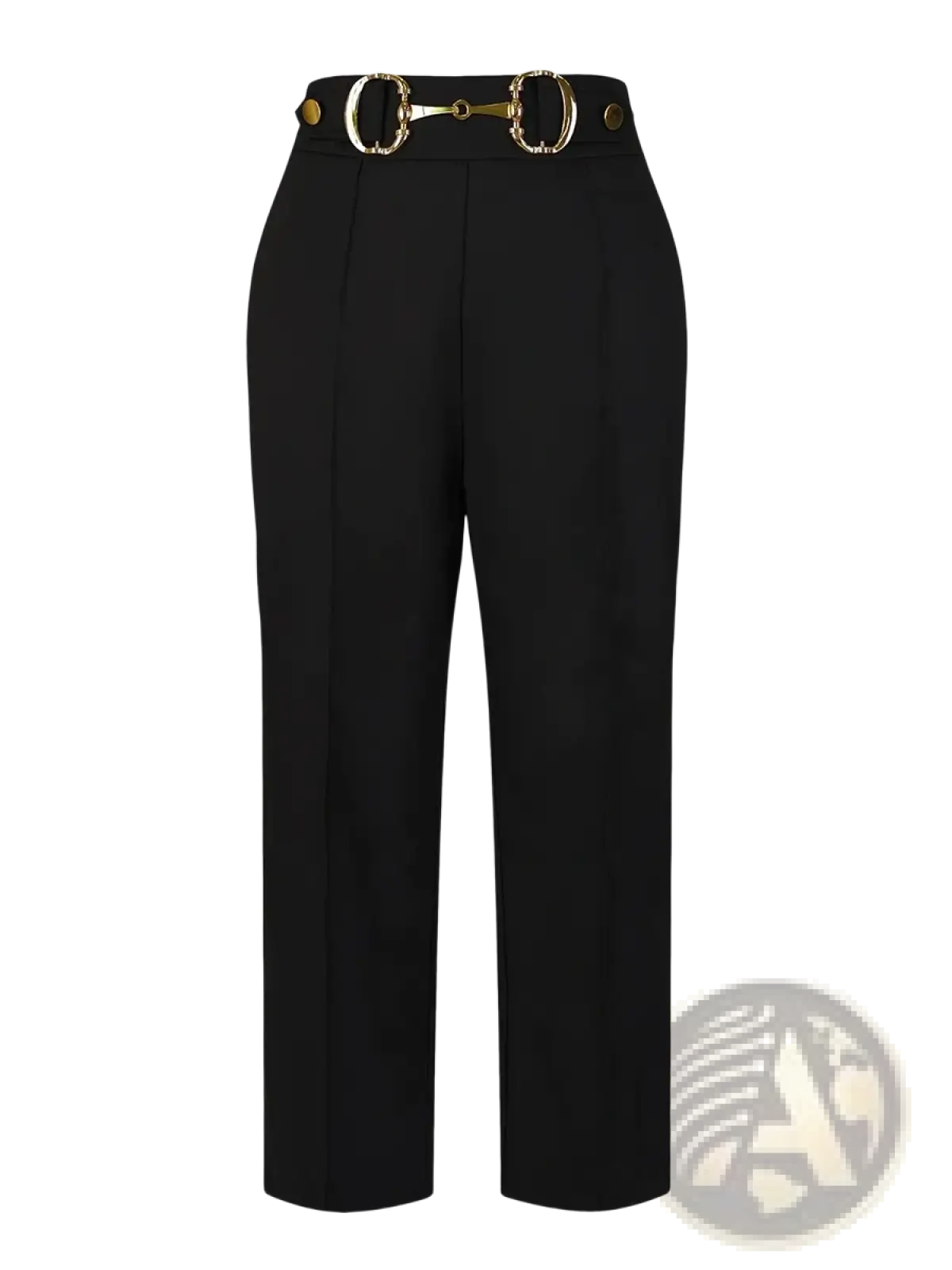 High-waisted wide-leg black office trousers with gold-tone horsebit belt buckle detail