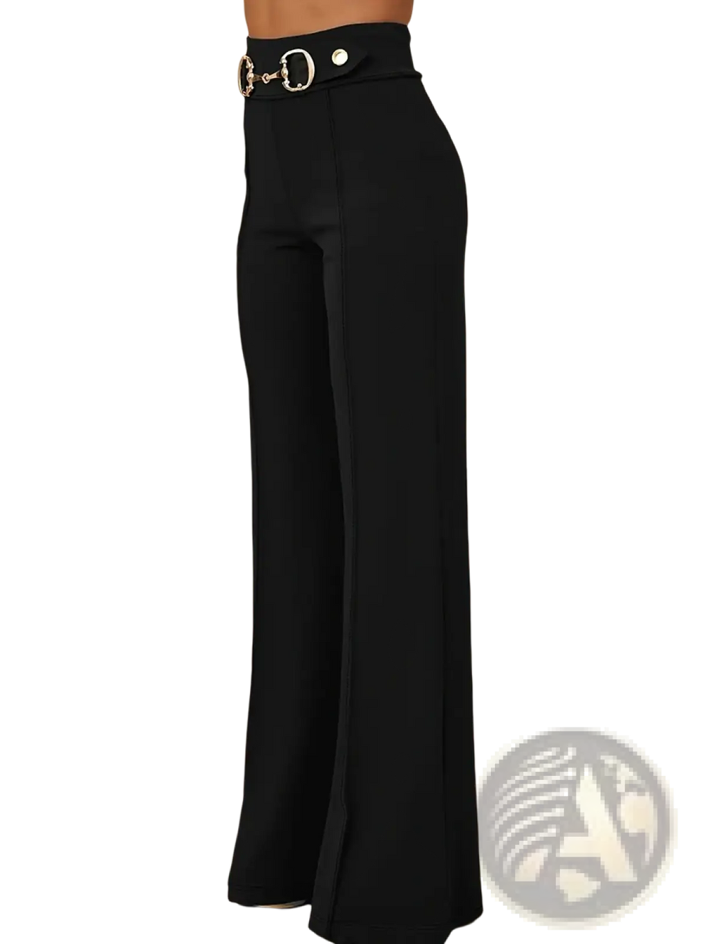 High-waisted wide-leg black office trousers with a metallic horsebit belt buckle for a polished look