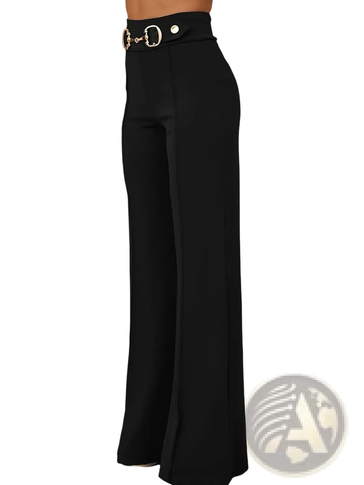High-waisted wide-leg black office trousers with a metallic horsebit belt buckle for a polished look