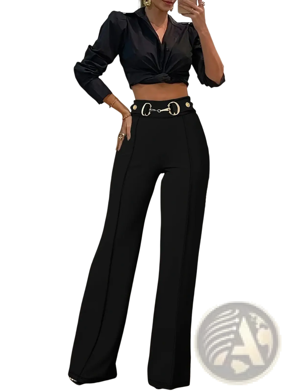 High-waisted wide-leg black office trousers with a gold-toned horsebit belt buckle for a polished look