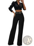 High-waisted wide-leg black office trousers with a gold-toned horsebit belt buckle for a polished look