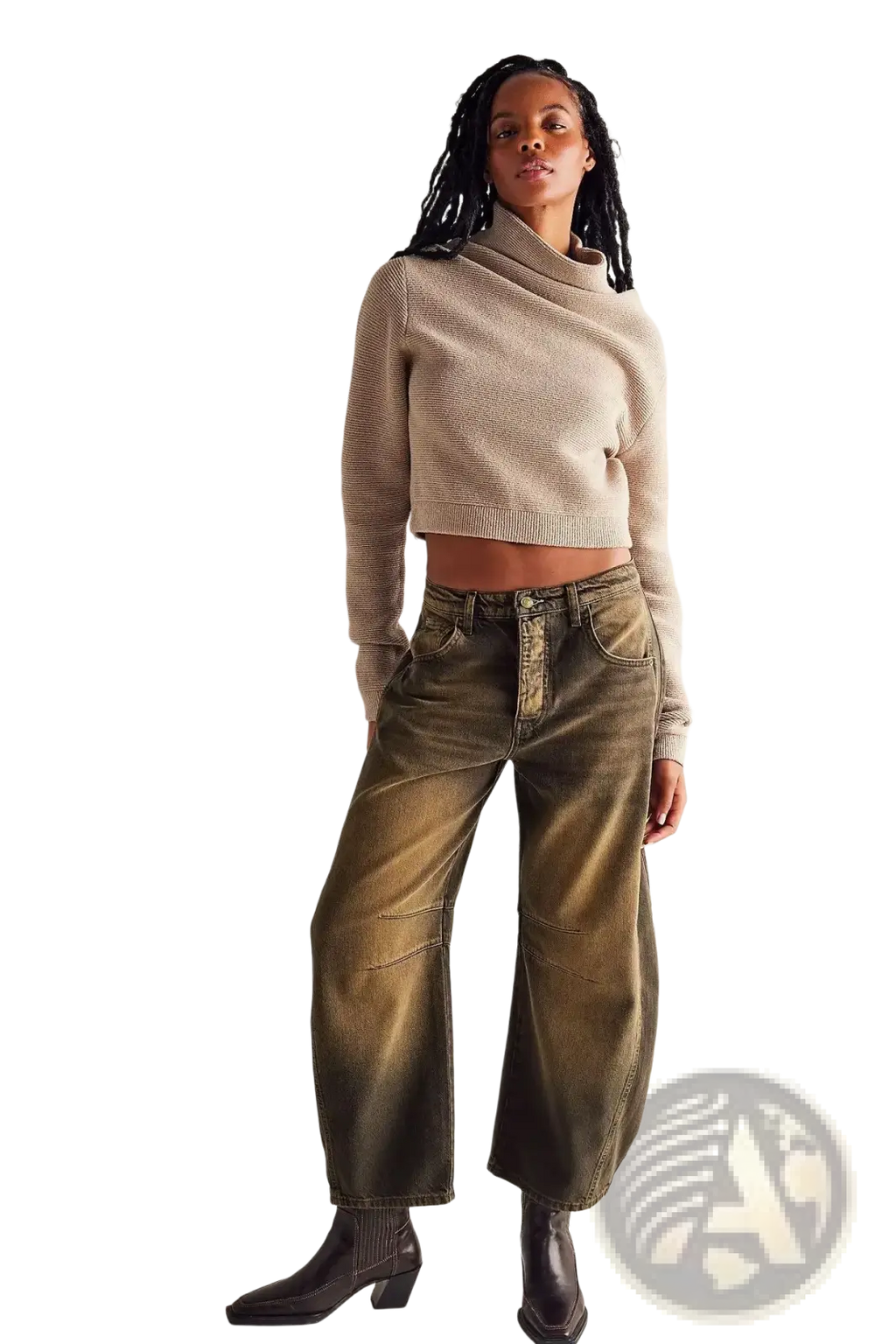 Beige ribbed knit cropped sweater with high turtleneck collar paired with high waisted wide leg denim jeans for women