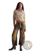 Beige ribbed knit cropped sweater with high turtleneck collar paired with high waisted wide leg denim jeans for women