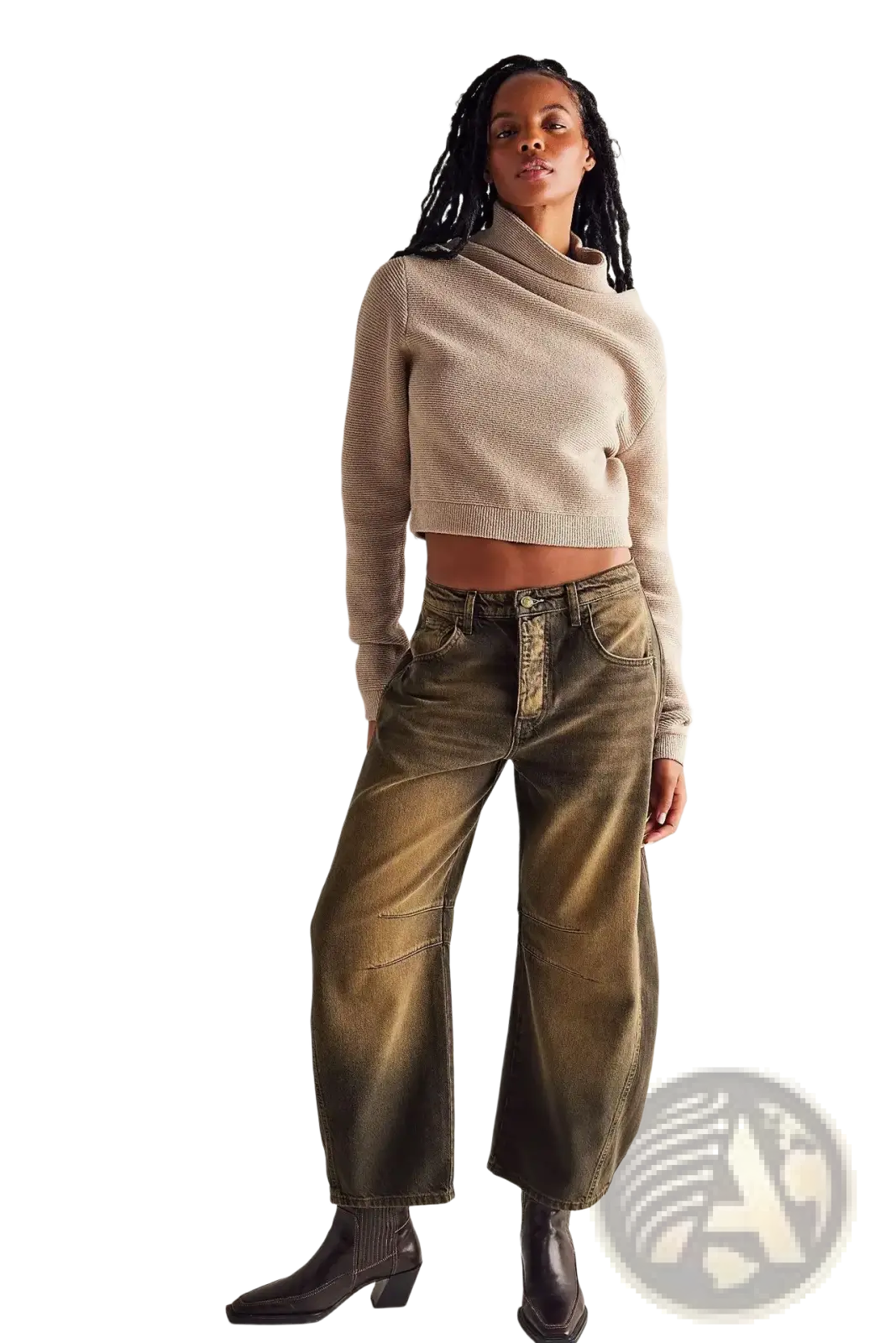 Beige ribbed knit cropped sweater with high turtleneck collar paired with high waisted wide leg denim jeans for women