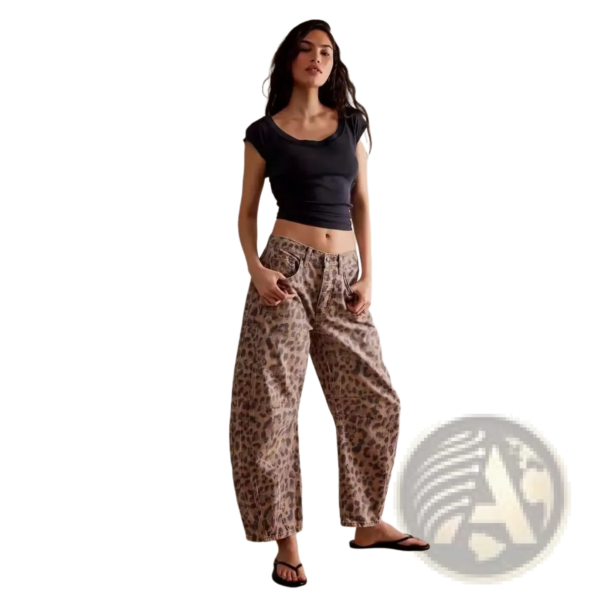 High waisted wide leg denim jeans for women featuring leopard print casual baggy trousers in blue denim fabric