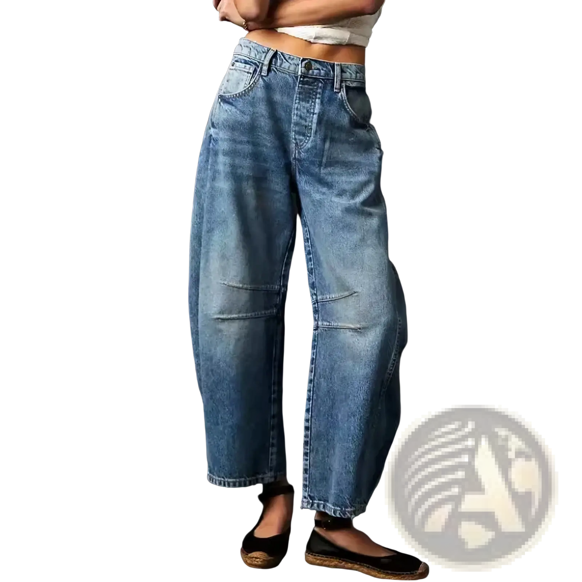 High waisted wide leg denim jeans for women in medium blue with a relaxed fit and subtle distressing details
