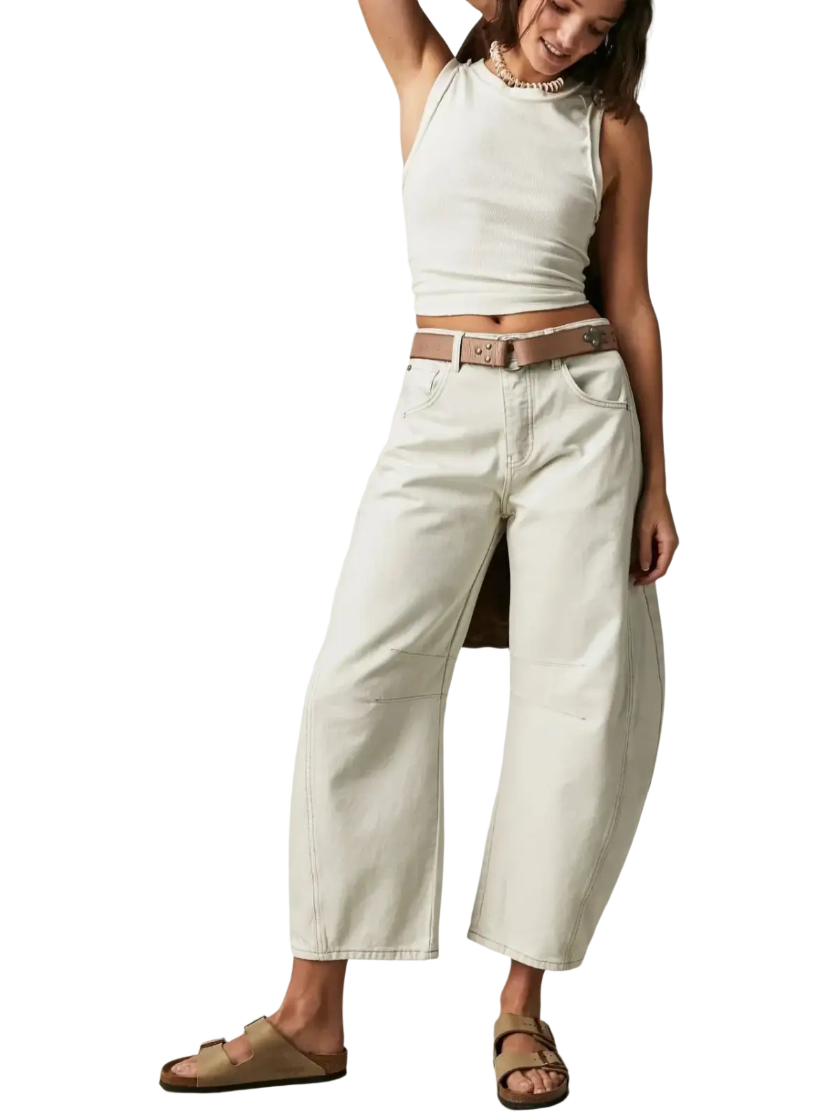 Wide-leg off-white denim trousers with belted waist and subtle stitching for casual high waisted style