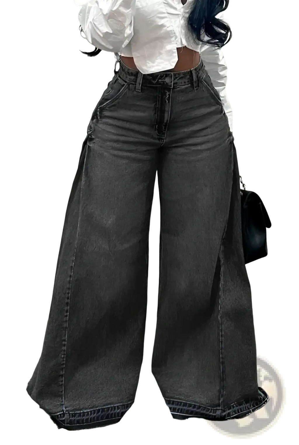 High waisted dark gray wide leg denim jeans with frayed hems made of durable denim material