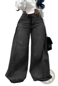 High waisted dark gray wide leg denim jeans with frayed hems made of durable denim material