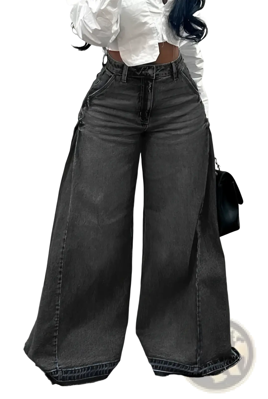 High waisted dark gray wide leg denim jeans with frayed hems made of durable denim material