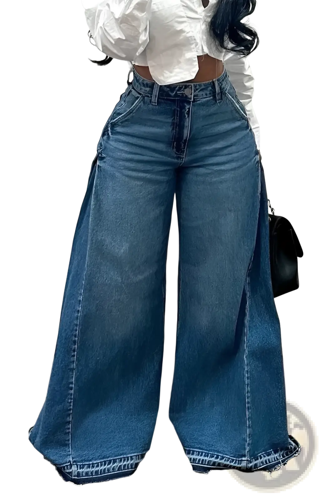 High waisted wide leg frayed denim jeans in medium blue wash with side slits and frayed hems