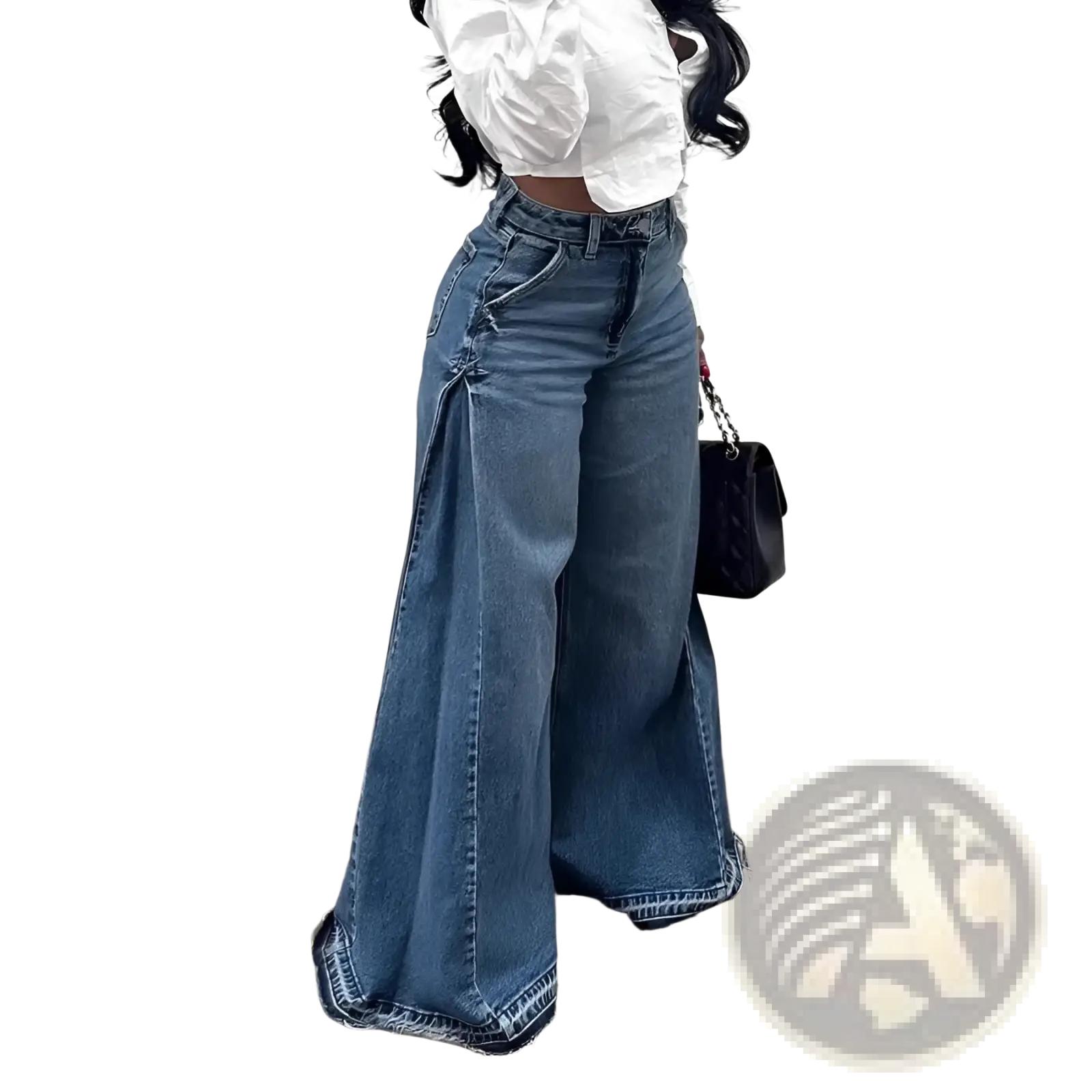 High waisted wide leg blue denim jeans with a distressed frayed hem and side seam detailing