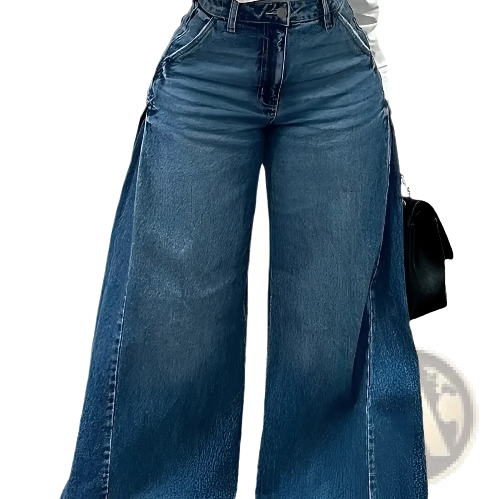 High waisted wide leg frayed denim jeans in medium blue wash with visible stitching and side slits