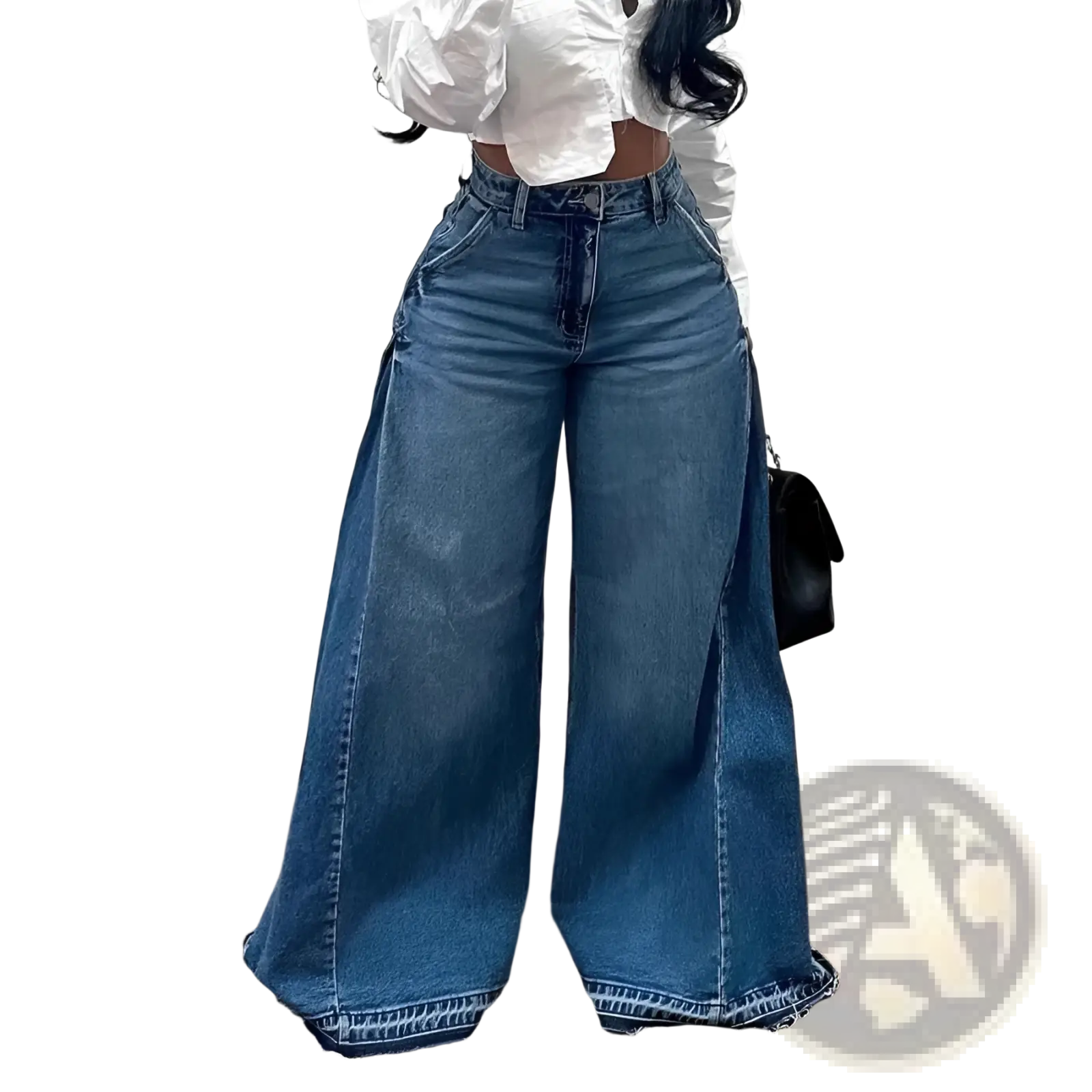 High waisted wide leg frayed denim jeans in medium blue wash with subtle distressing and frayed hems