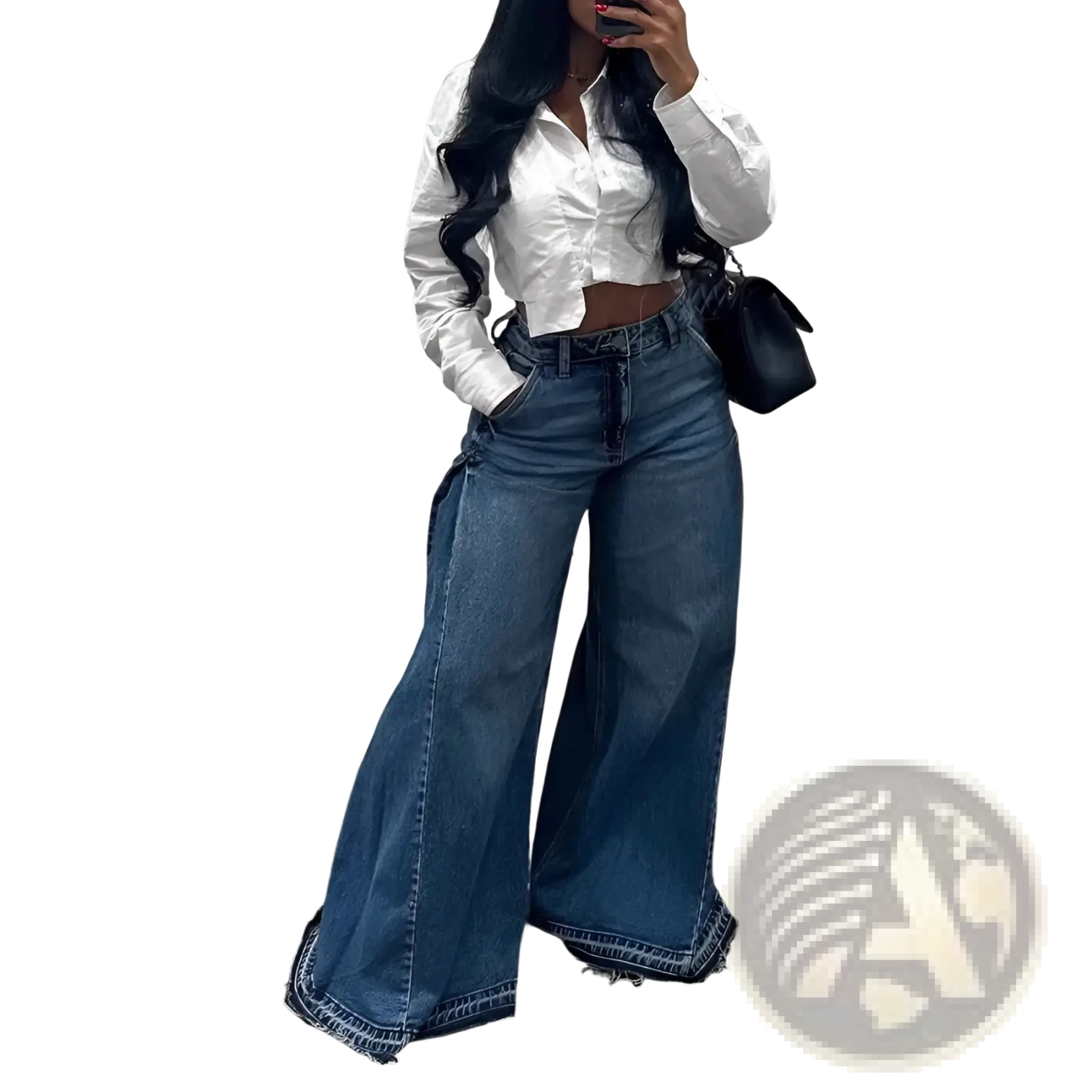 High-waisted wide-leg denim pants in a medium blue wash with frayed hems.
