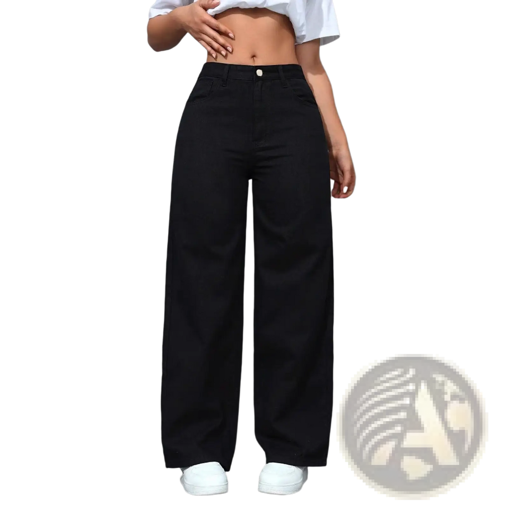 Black high waisted wide leg jeans made of denim with a classic button closure for a stylish look