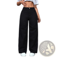 Black high waisted wide leg jeans made of denim with a classic button closure for a stylish look