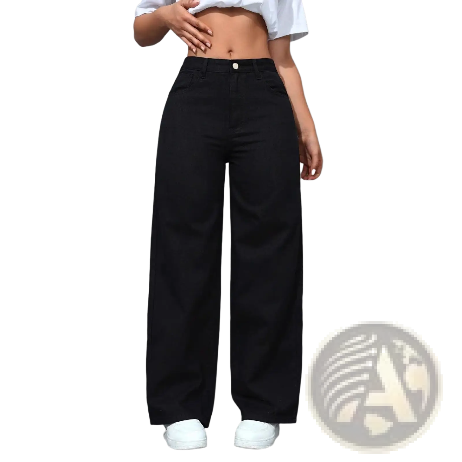 Black high waisted wide leg jeans made of denim with a classic button closure for a stylish look