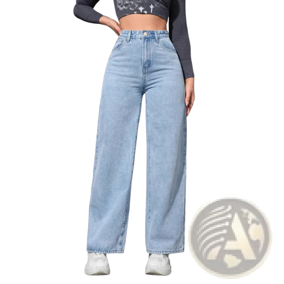 Light-wash denim high-waisted wide-leg jeans showcasing a relaxed fit and vintage-inspired style
