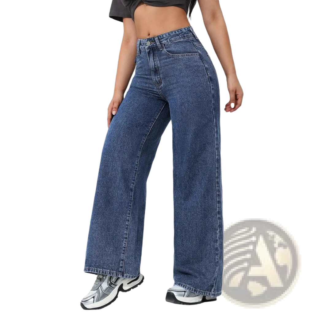 High waisted wide leg blue denim jeans made of durable cotton fabric for a stylish and comfortable fit