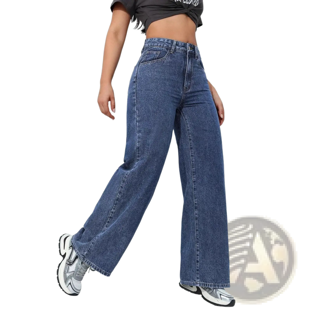 High waisted wide leg jeans made of blue denim with a wide leg cut for a stylish and comfortable fit