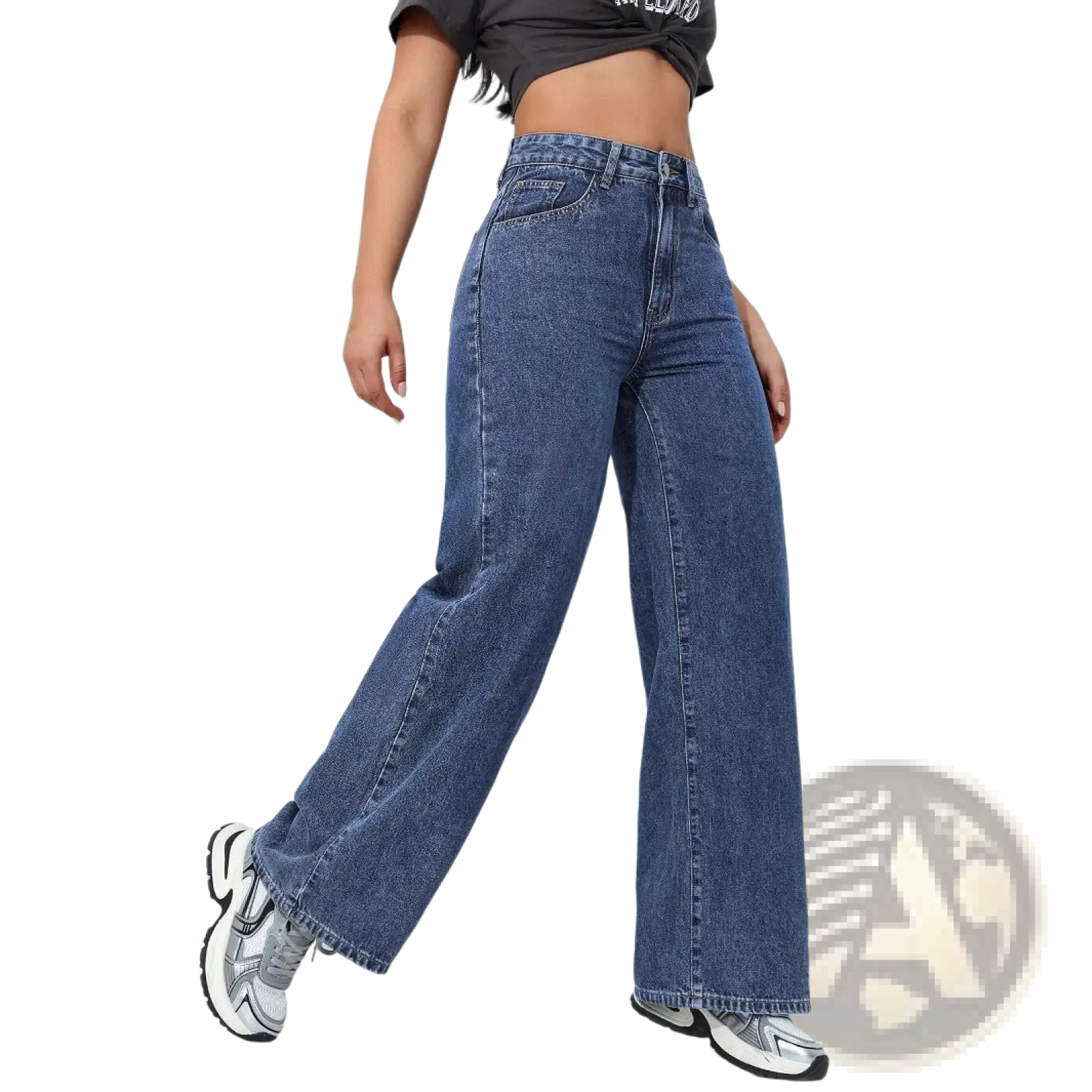 High waisted wide leg jeans made of blue denim with a wide leg cut for a stylish and comfortable fit