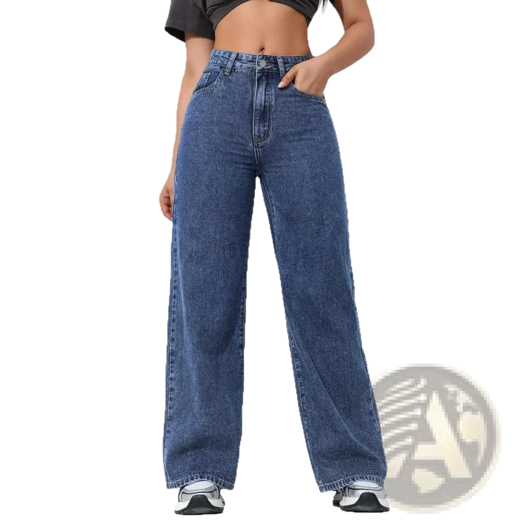 High waisted wide leg jeans in blue denim with classic stitching and a wide leg cut displayed from the front
