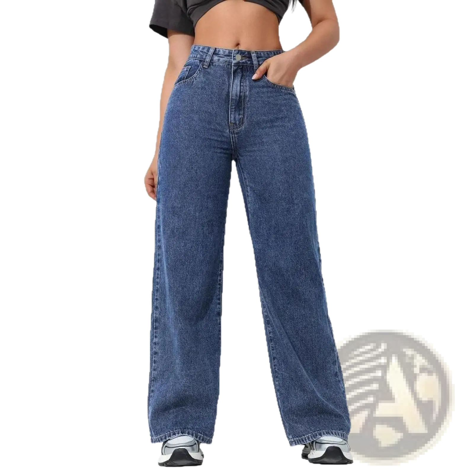 High waisted wide leg jeans in blue denim with classic stitching and a wide leg cut displayed from the front