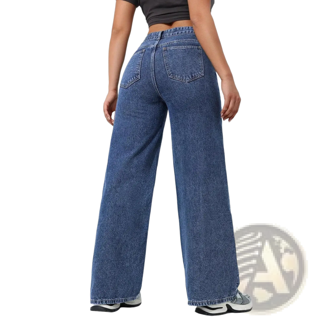 High waisted wide leg jeans in blue denim with classic five-pocket design and frayed hems