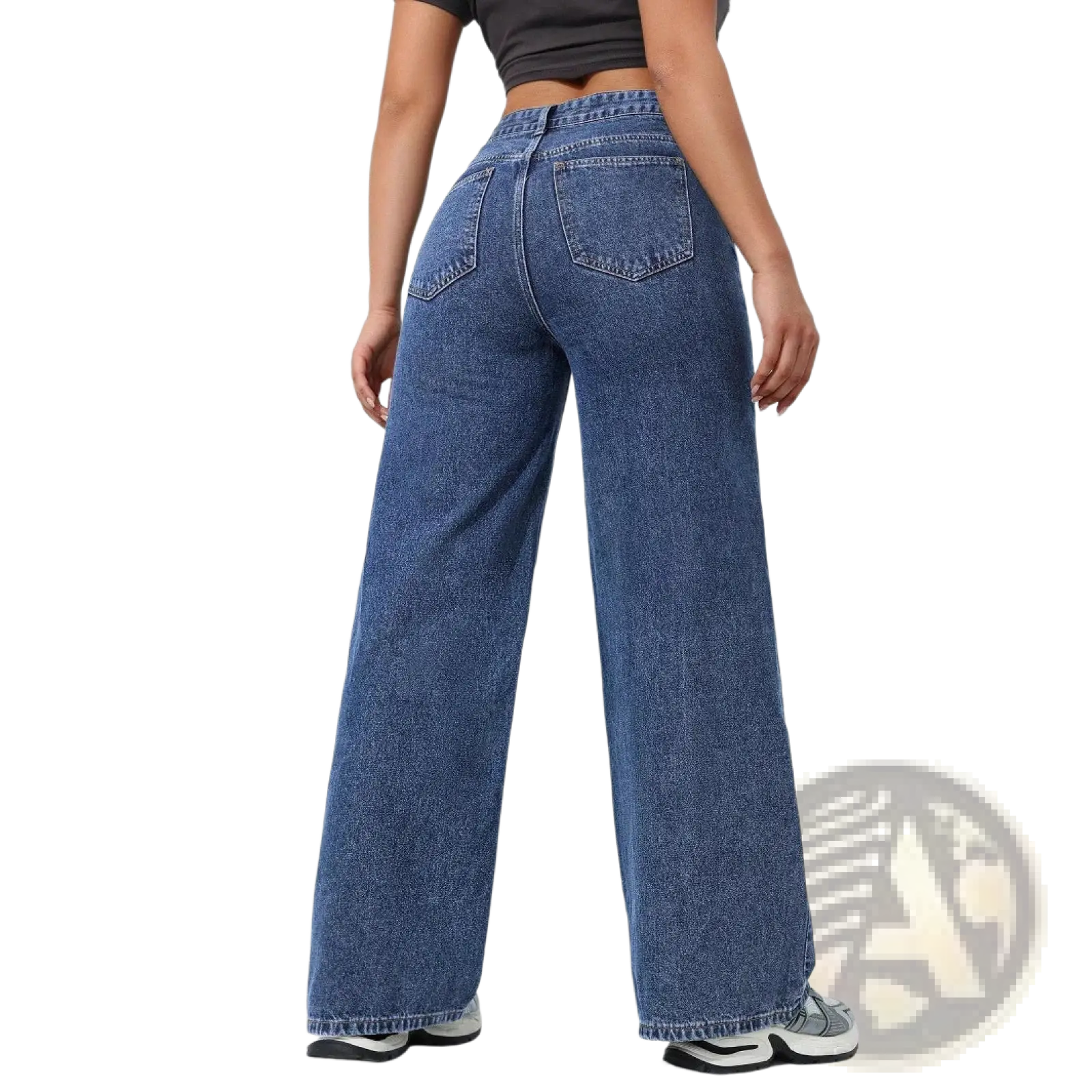 High waisted wide leg jeans in blue denim with classic five-pocket design and frayed hems