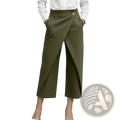 Olive green high waisted wide leg trousers with draped front design and gold tone button closure