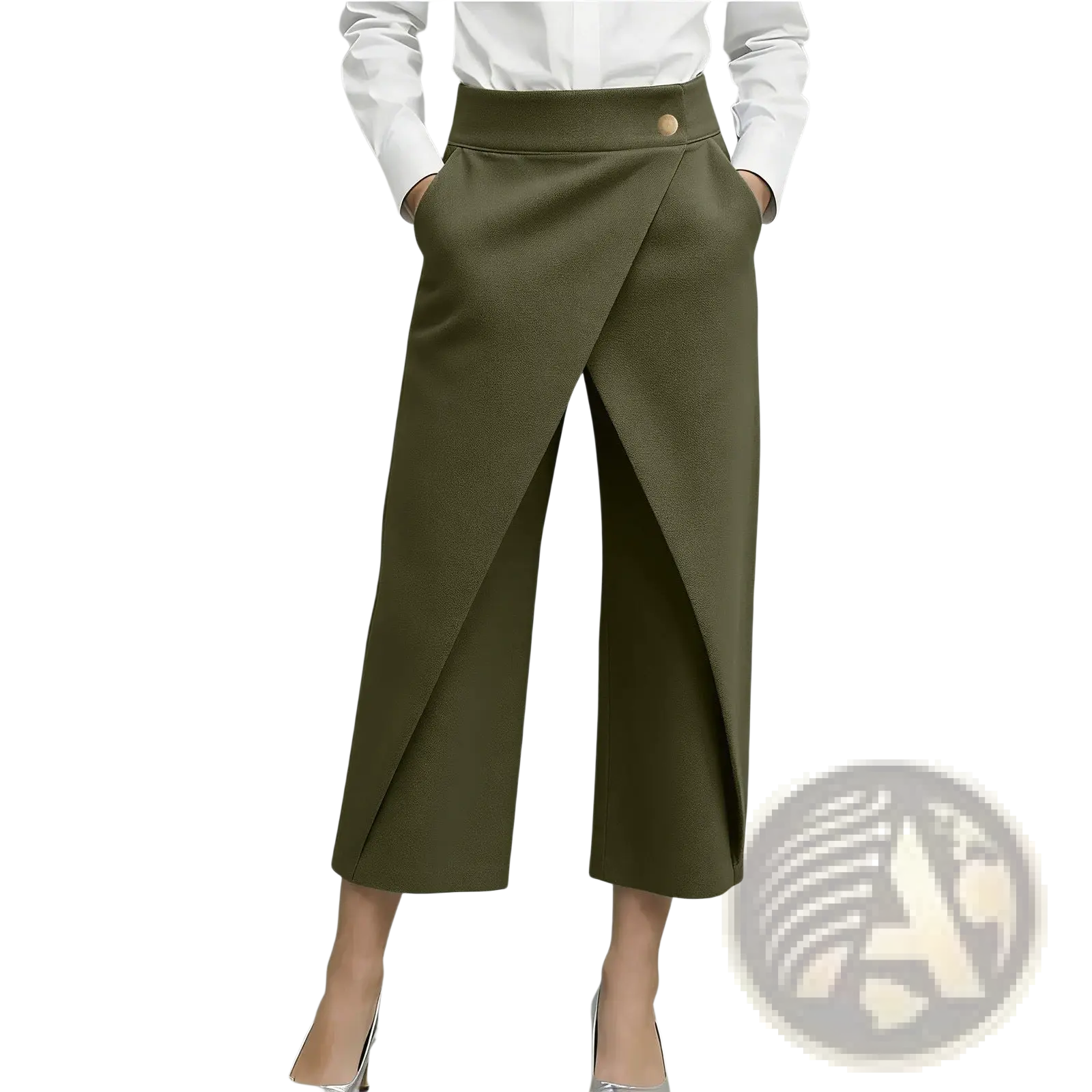 Olive green high waisted wide leg trousers with draped front design and gold tone button closure