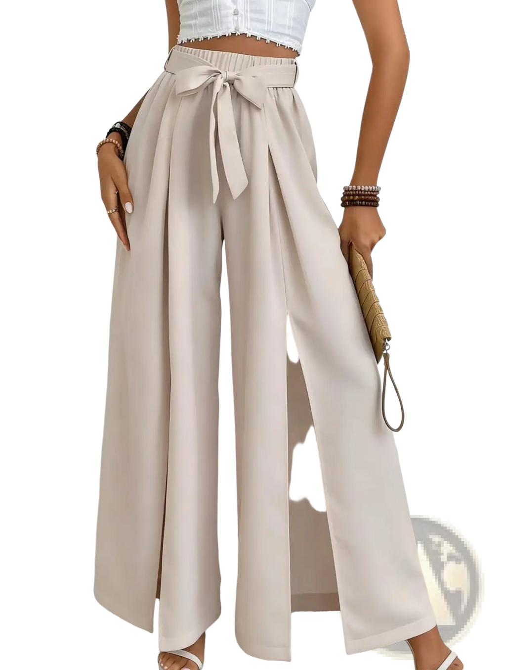 Beige high-waisted wide-leg pants with a matching fabric tie belt and front slit for casual loose wear