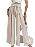 Beige high-waisted wide-leg pants with a matching fabric tie belt and front slit for casual loose wear