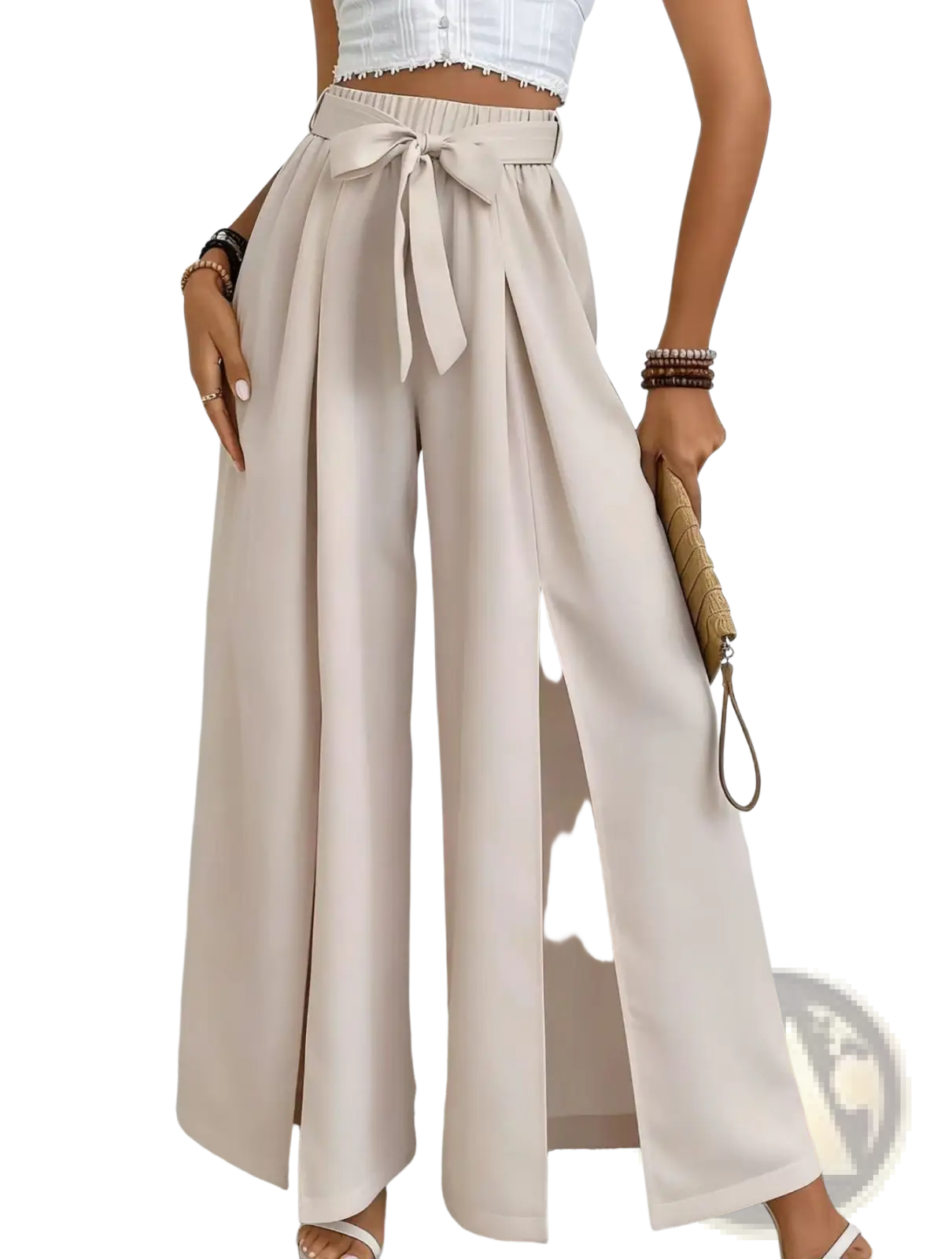 Beige high-waisted wide-leg pants with a matching fabric tie belt and front slit for casual loose wear