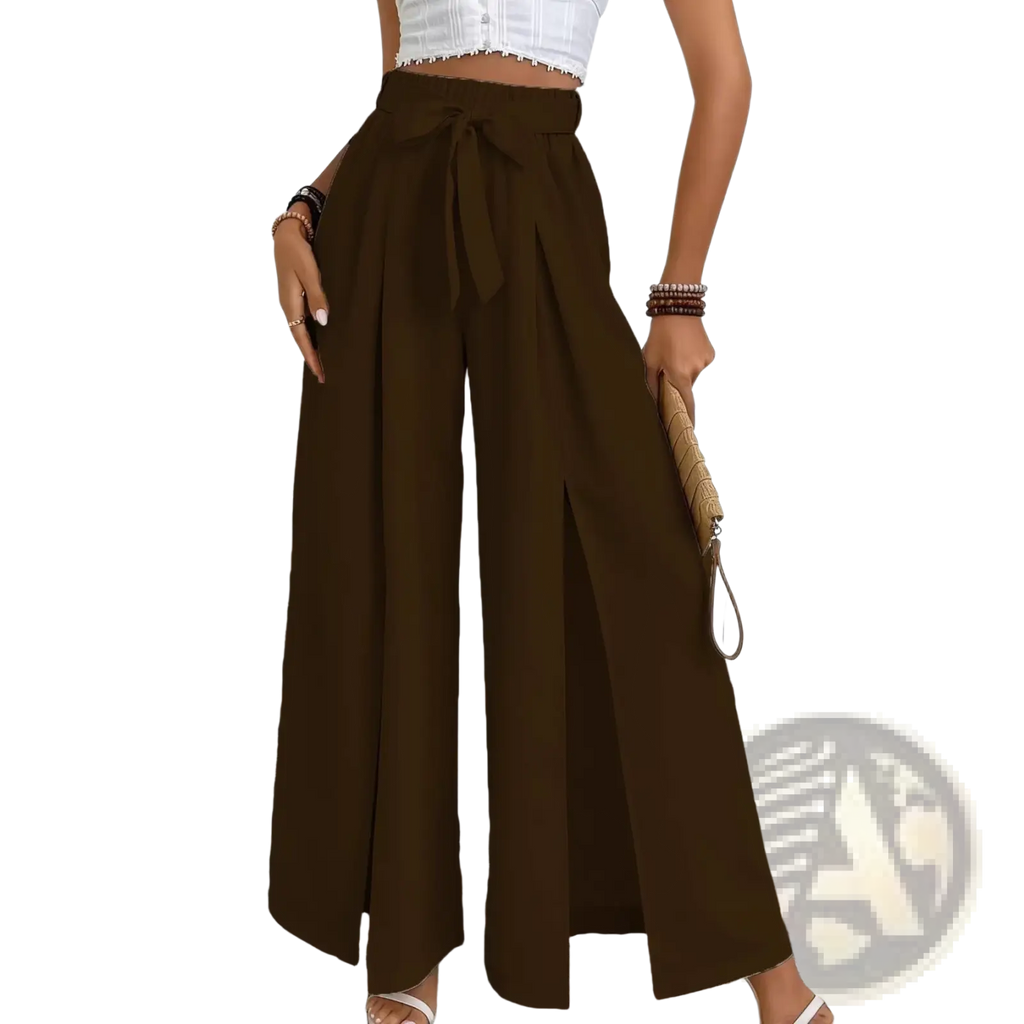 Brown high-waisted wide-leg pants with tied waistband and front slit casual loose trousers for everyday wear