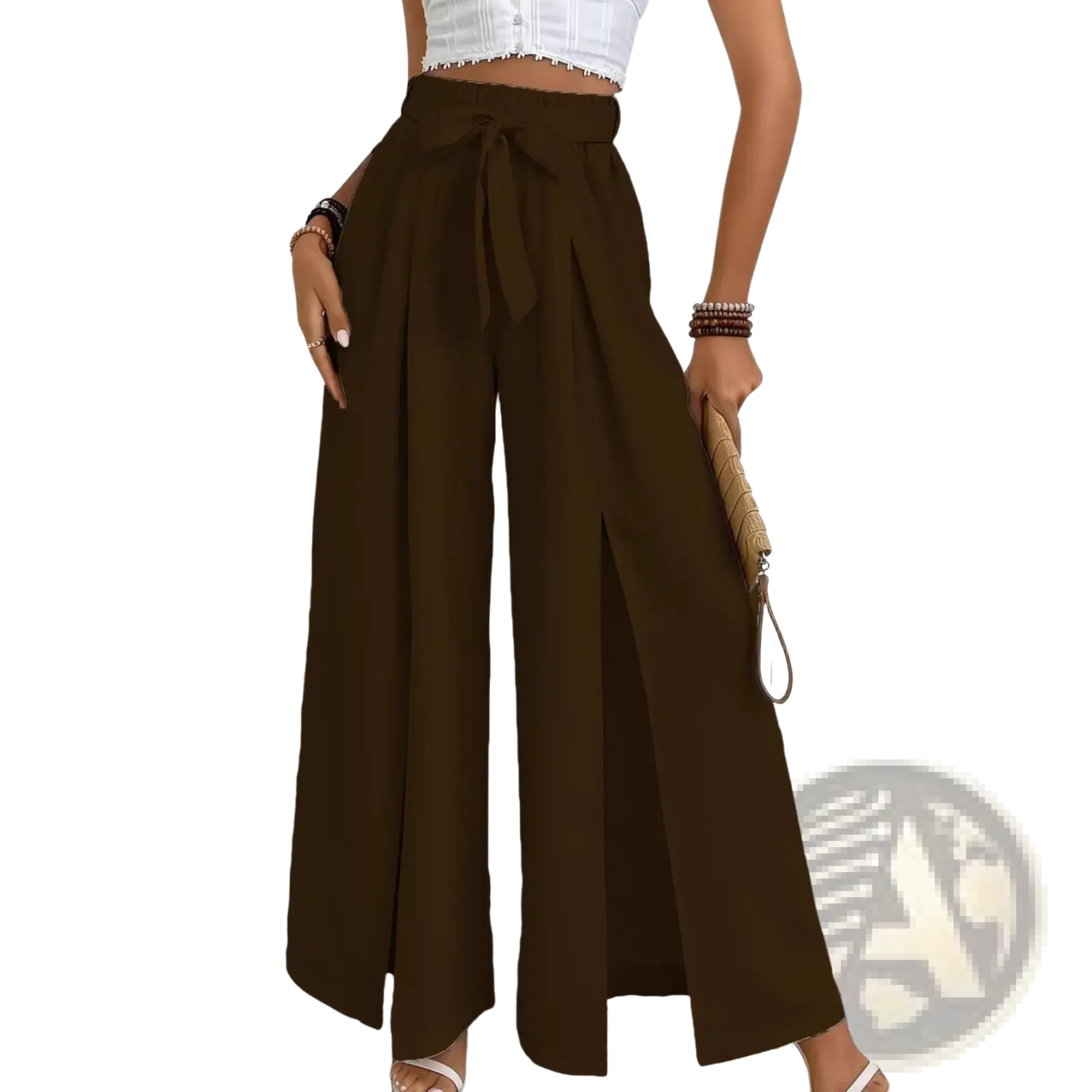 Brown high-waisted wide-leg pants with tied waistband and front slit casual loose trousers for everyday wear