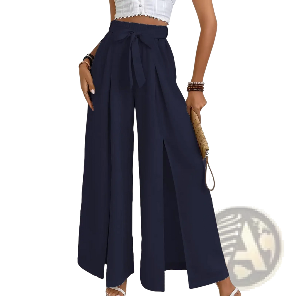 Navy blue high-waisted wide-leg pants with self-tie belt and side slit casual loose trousers