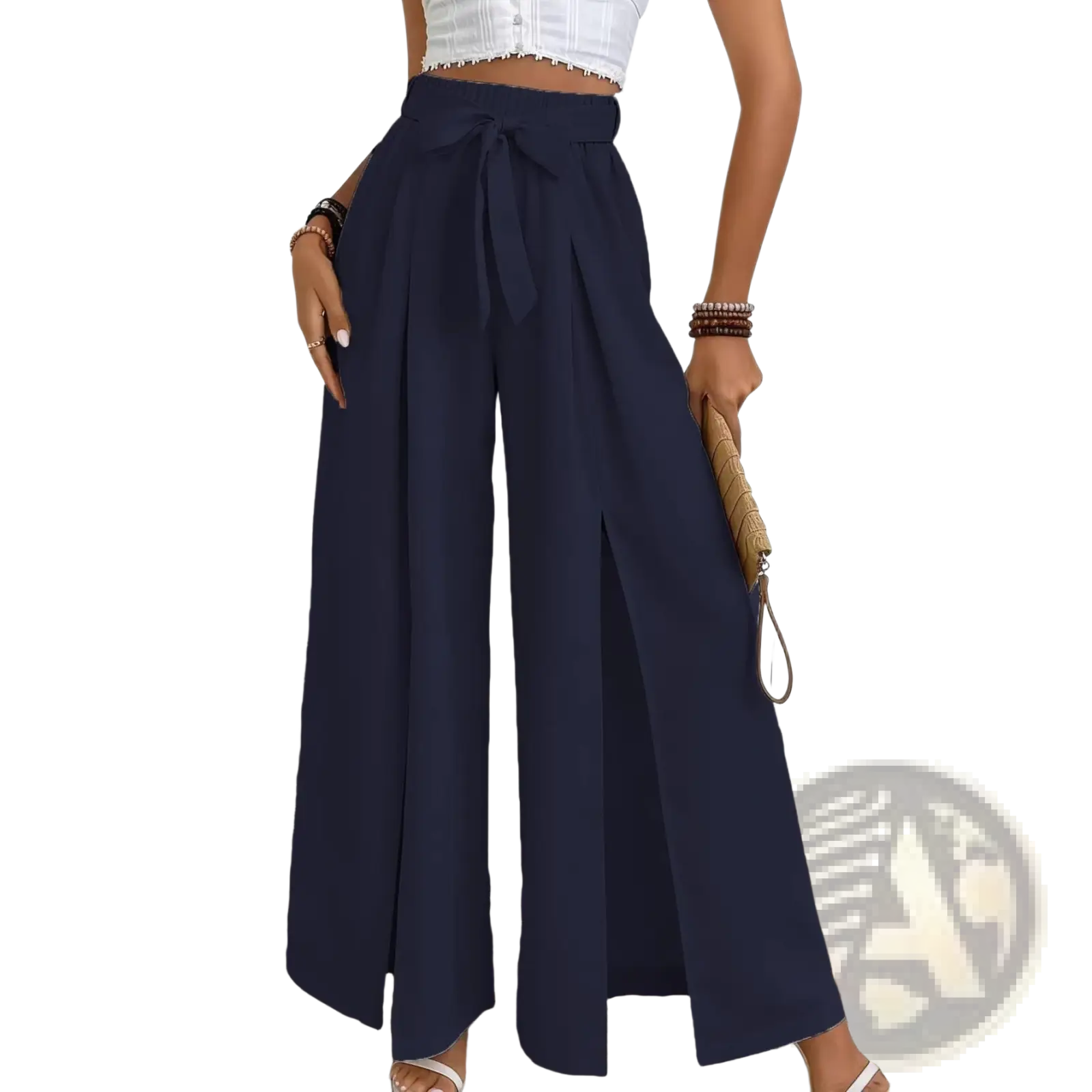 Navy blue high-waisted wide-leg pants with self-tie belt and side slit casual loose trousers